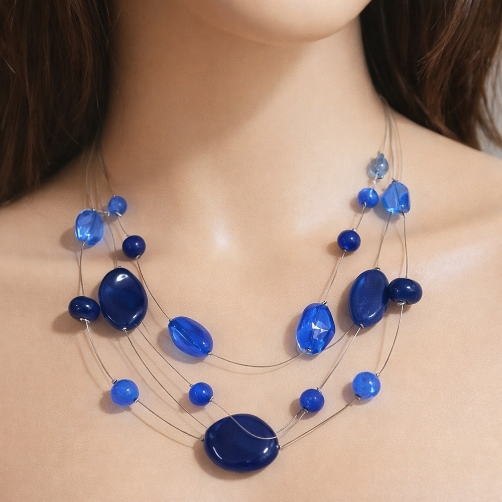 Multi Strand Silver tone Illusion Style Blue Beaded Necklace, Women's Jewelry #1